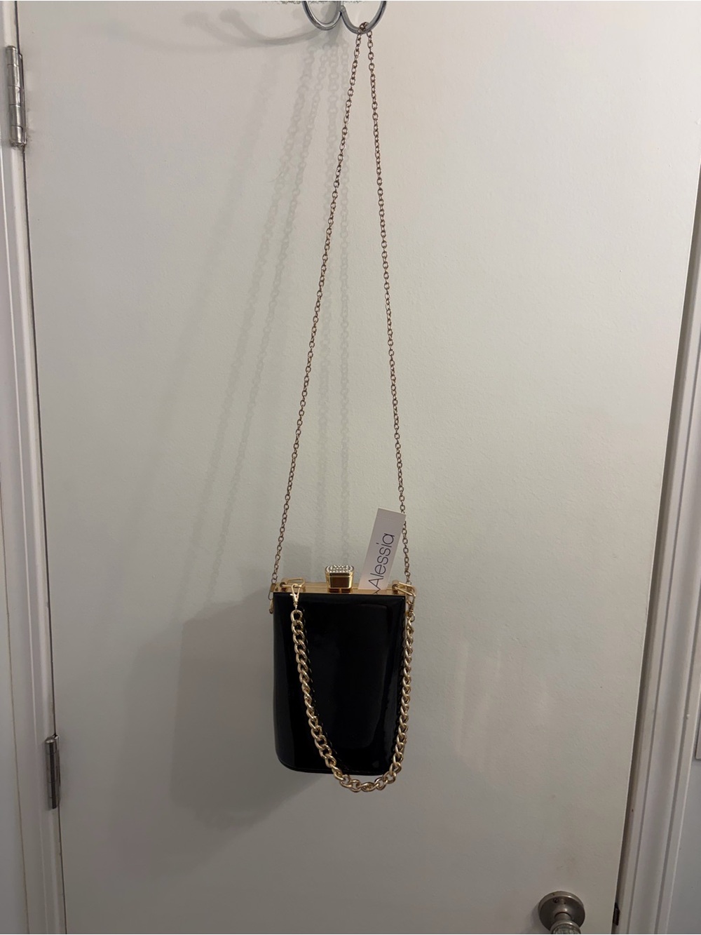 Patent Black Crossbody Bucket Bag with Gold Chain